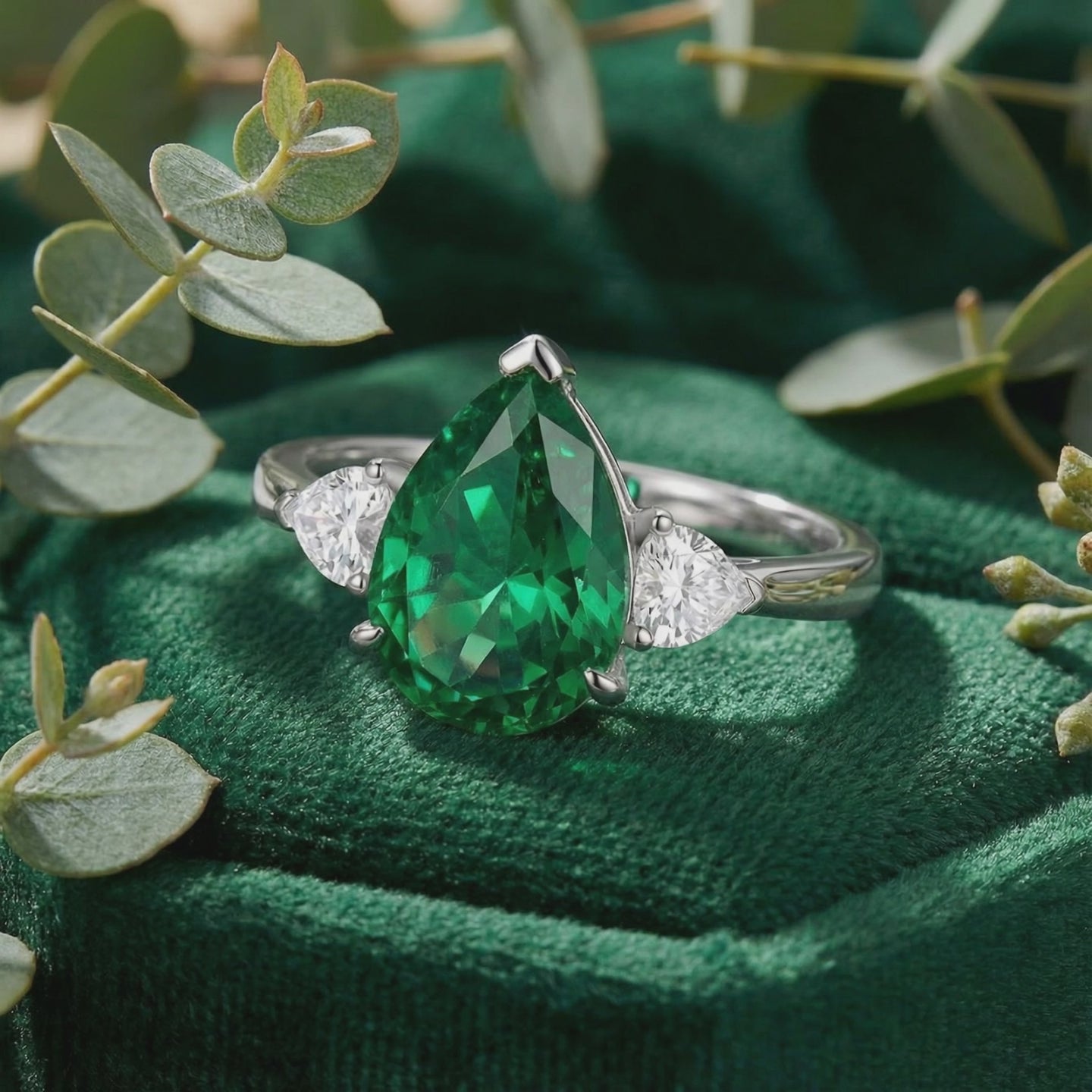 Simulated emerald ring in solid white gold.