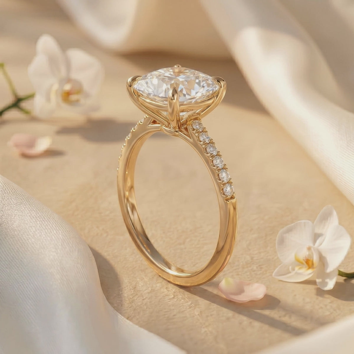 Yellow gold-tone cushion-cut pavé solitaire ring standing upright on a beige surface beside white orchids.