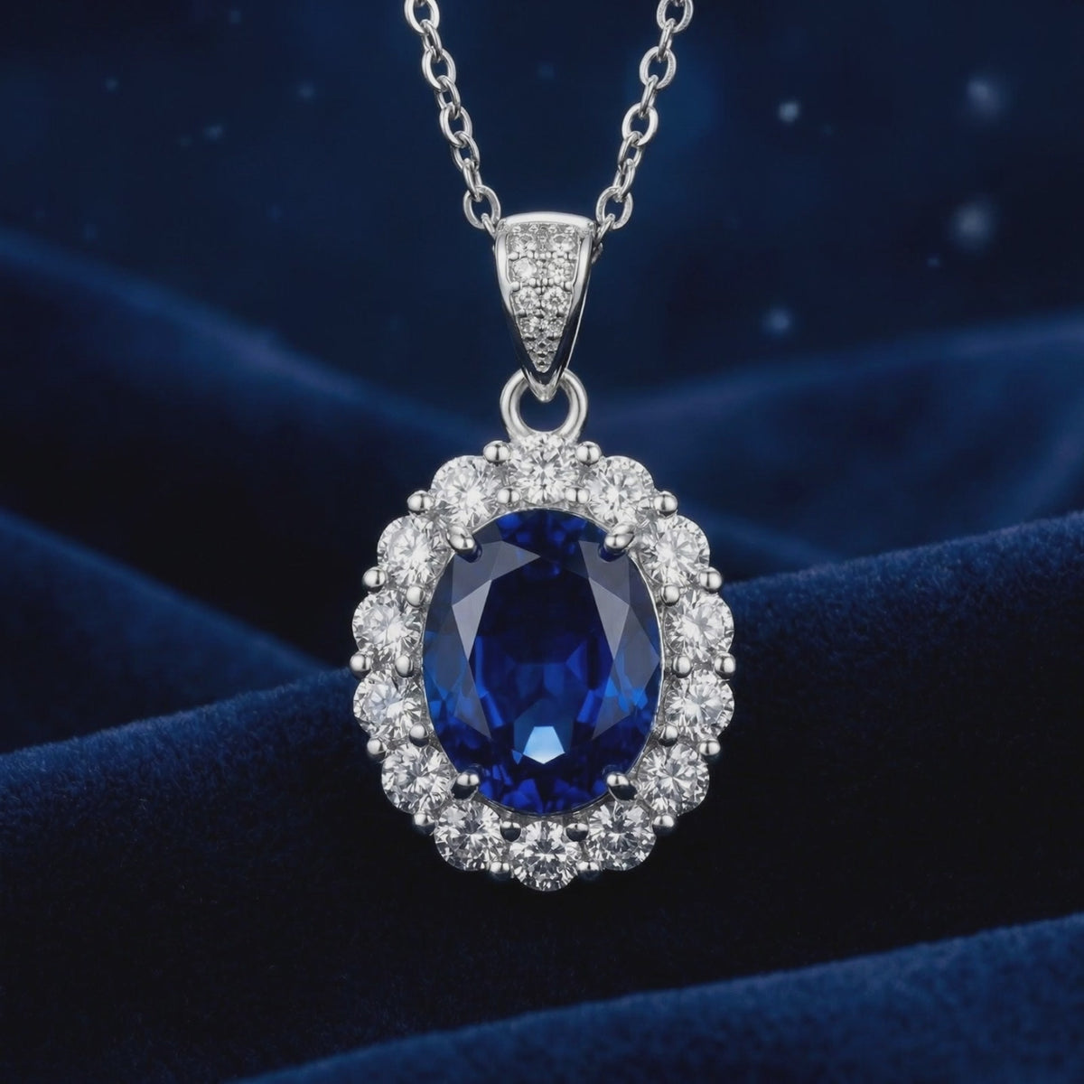 Video of the simulated sapphire halo necklace in solid gold.