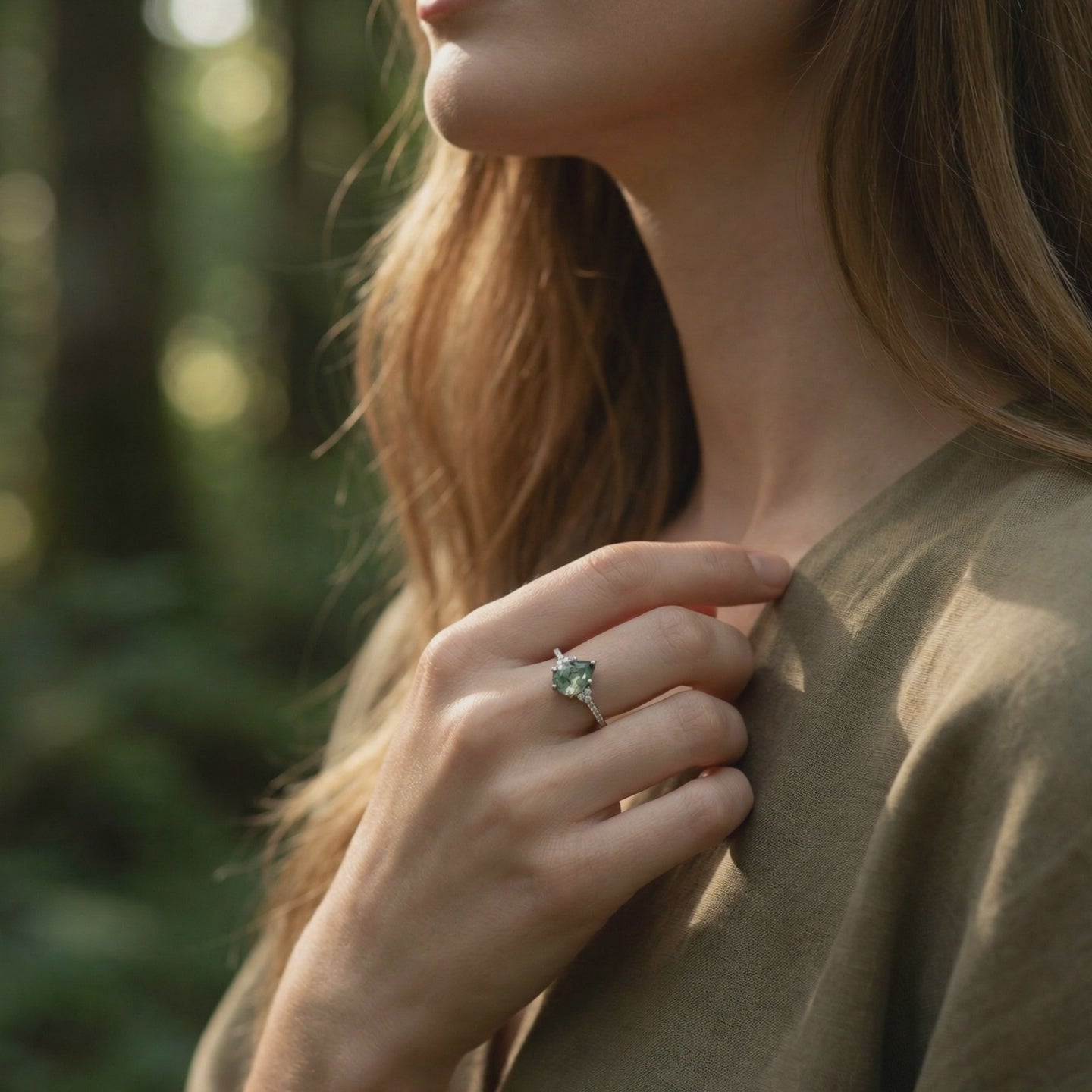 Natural moss agate ring in solid white gold.
