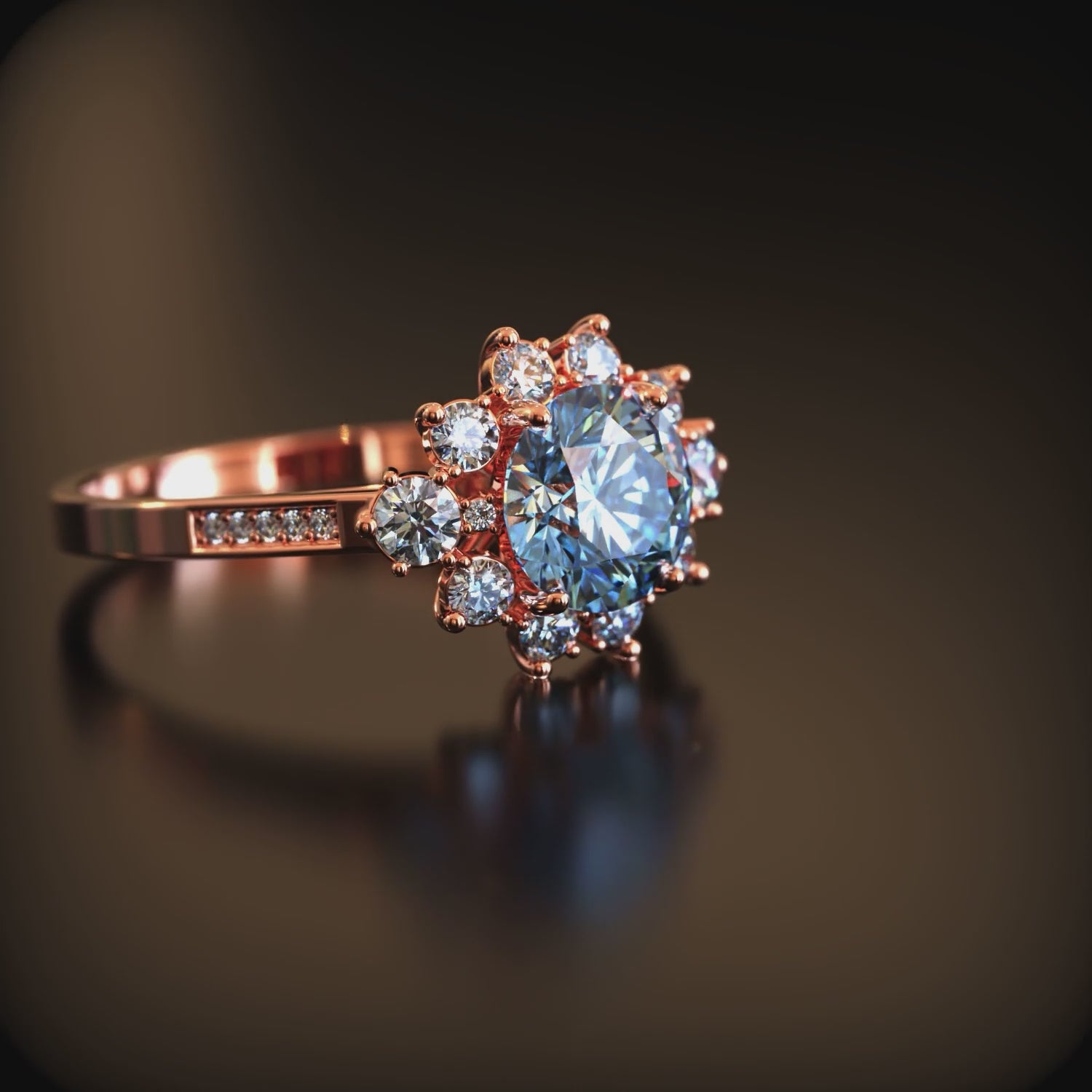 A ring with a blue moissanite center stone and a moissanite halo in solid gold.