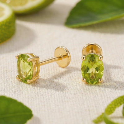 Video of Periselle Oval simulated peridot stud earrings in solid gold.