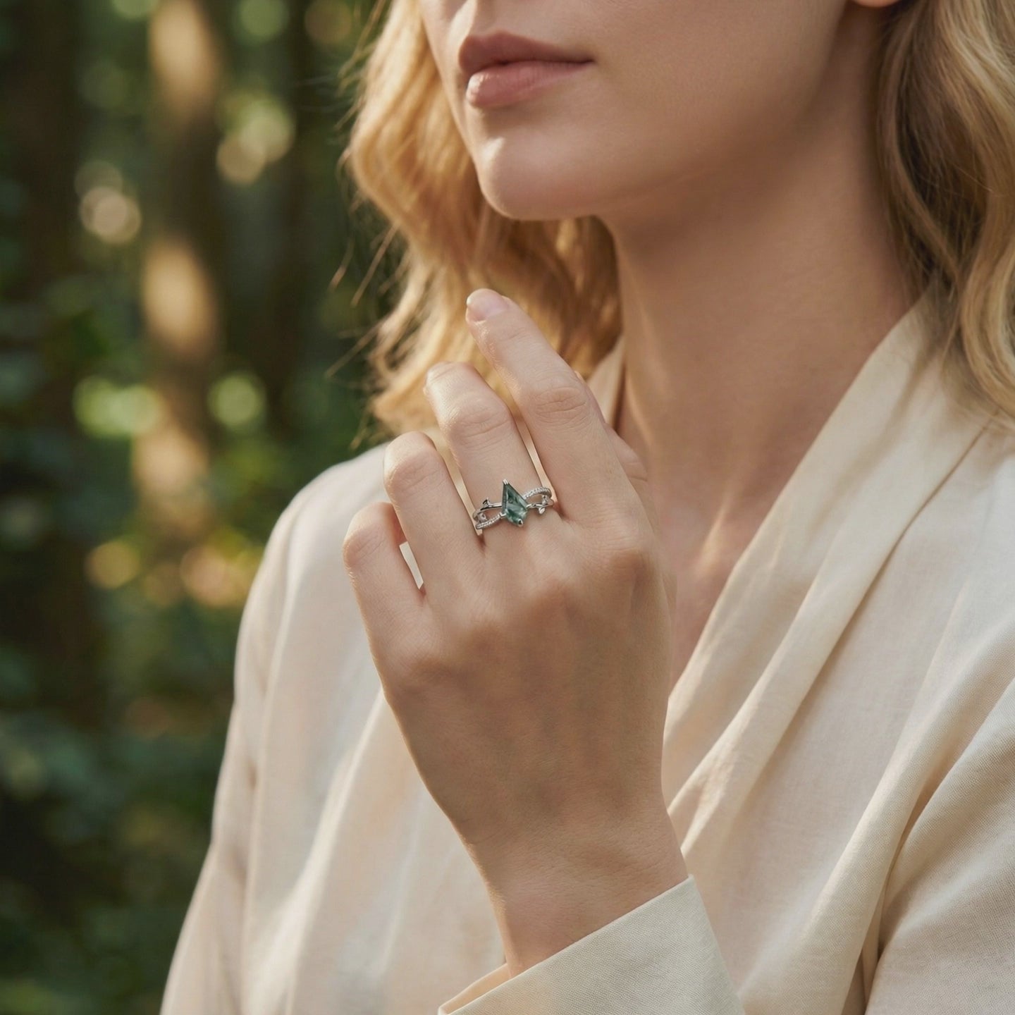 Natural Moss Agate kite cut ring in solid gold.