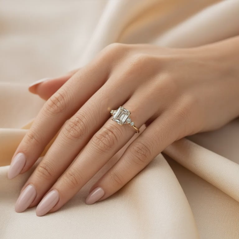 A ring with a 3 carat emerald-cut moissanite in solid gold.