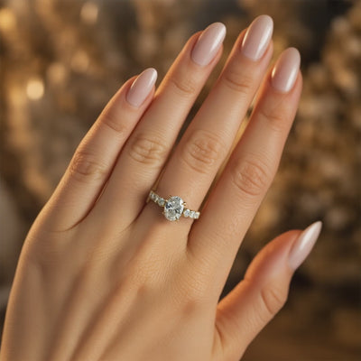 Solid gold ring with an oval center moissanite.