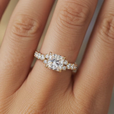 Video of The Adelina Rae Princess Cut Moissanite Ring in solid gold.