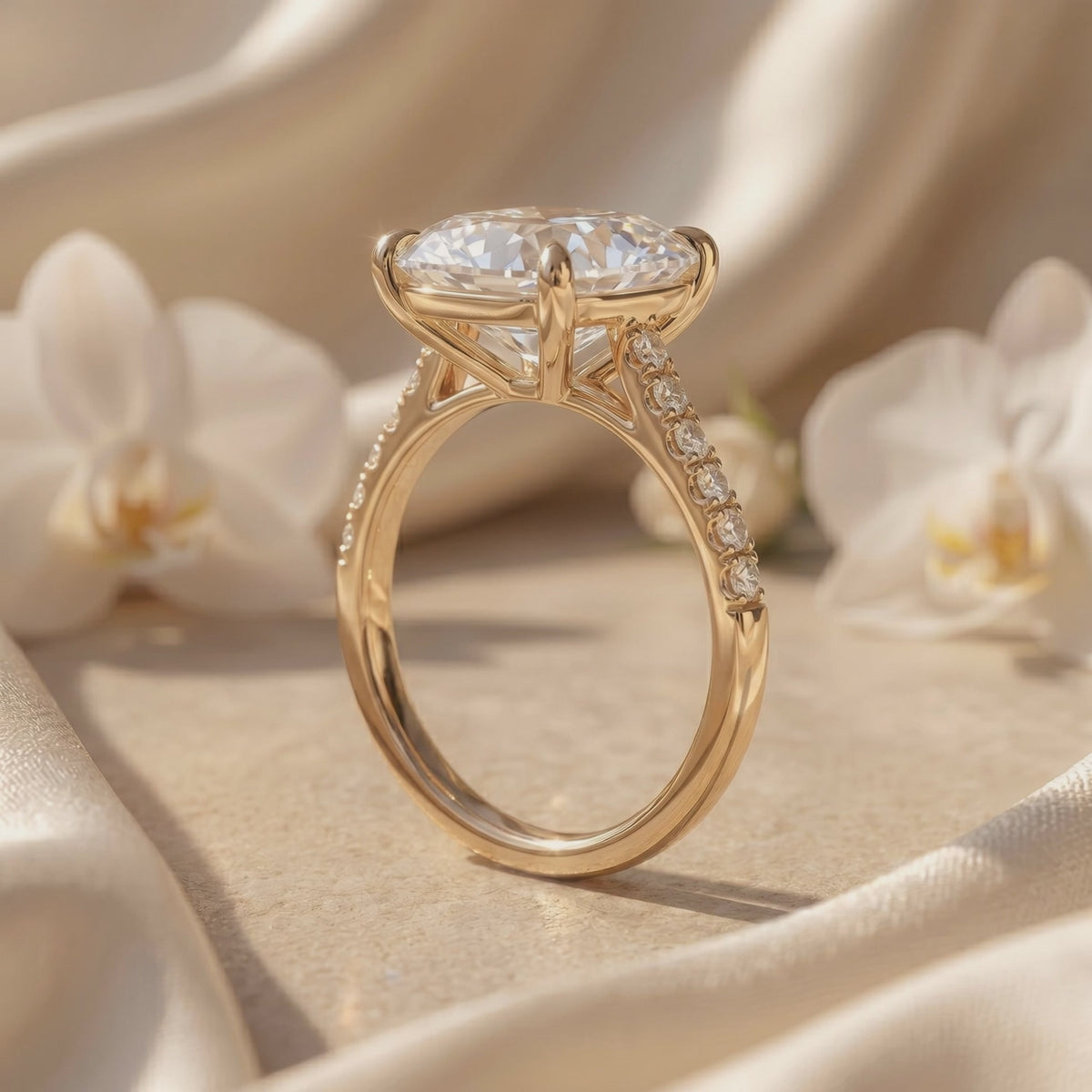 Profile view of the cushion-cut solitaire ring showing its high basket setting and pavé band.