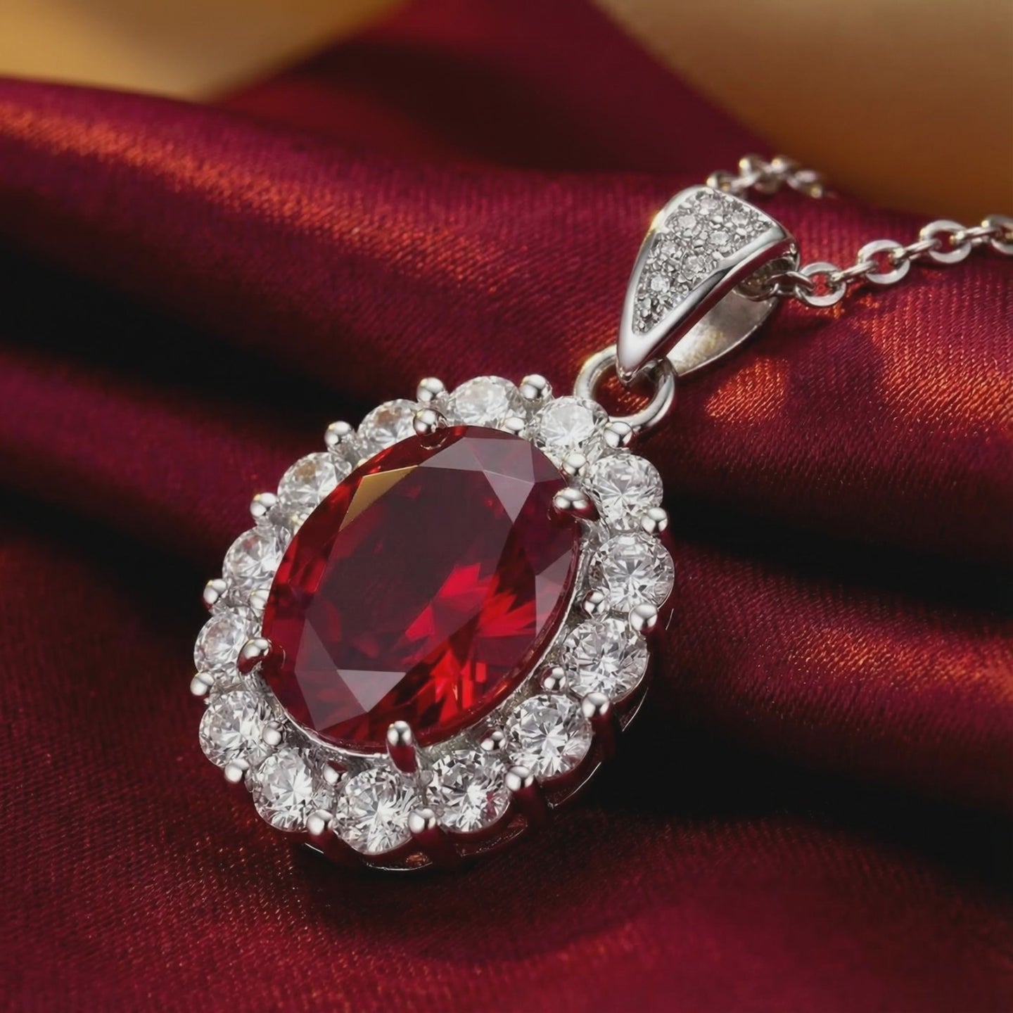 Simulated ruby halo necklace in solid gold.