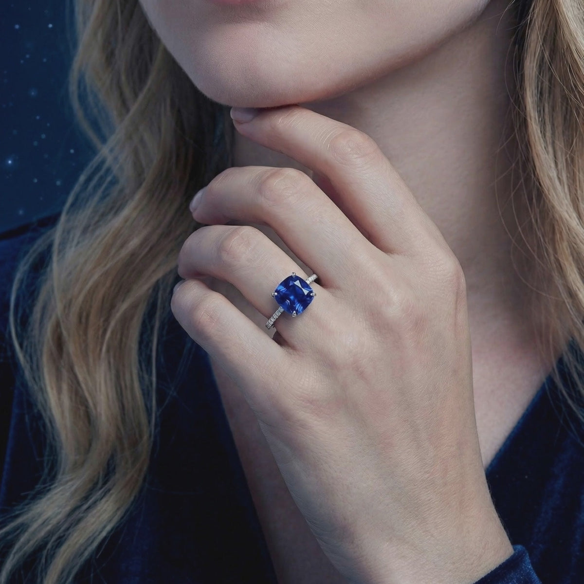 Ring with a cushion-cut blue simulated sapphire and solid white gold band.