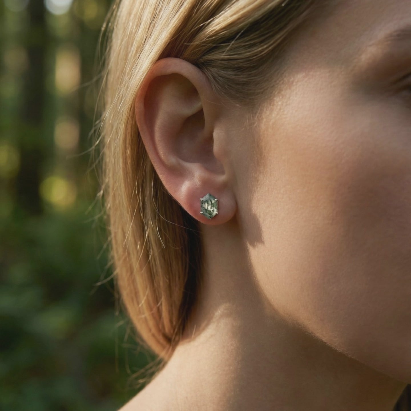 Natural moss agate coffin cut stud earrings in solid gold.