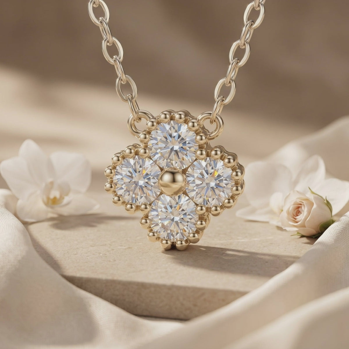 Close-up of a gold-toned clover pendant with four round clear stones and beaded edge details.