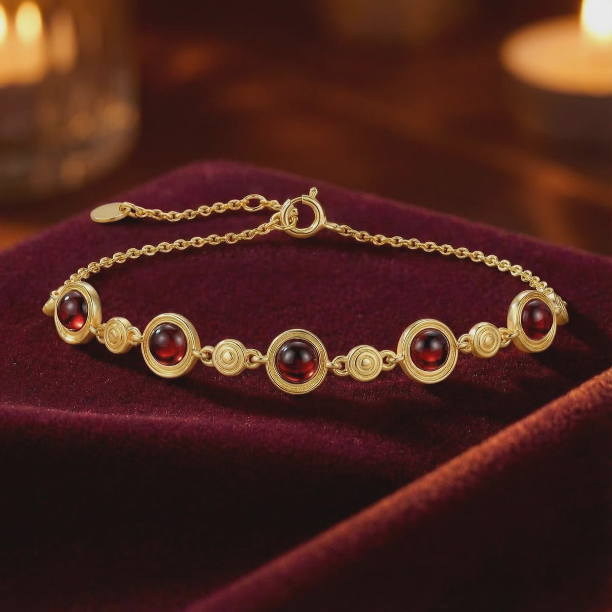 The Calyssa solid gold station bracelet featuring precision-cut simulated garnets.