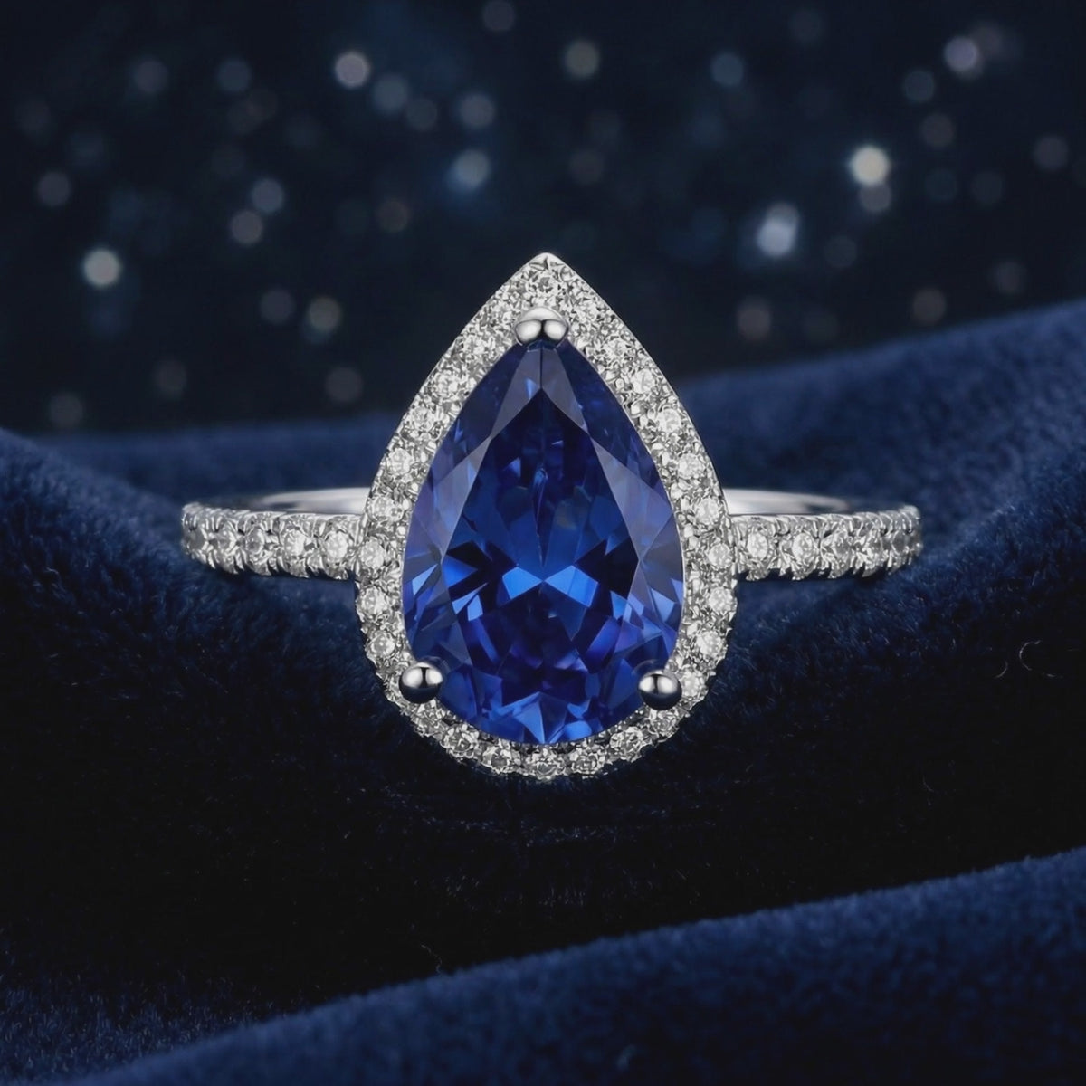 Pear-cut simulated sapphire halo ring in solid gold.