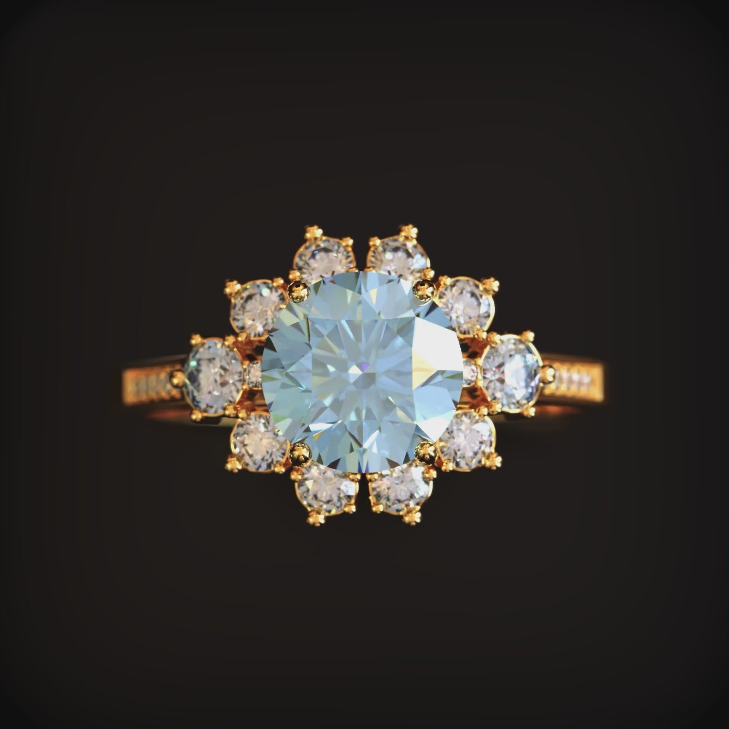 A ring with a blue moissanite center stone and halo in solid gold.