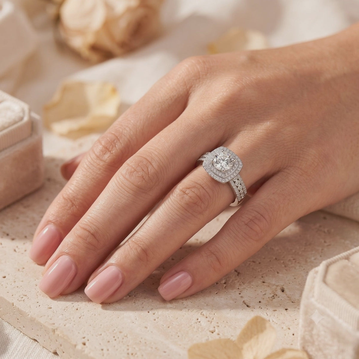 Silver double halo ring with a cushion outline and round center stone worn on a hand.