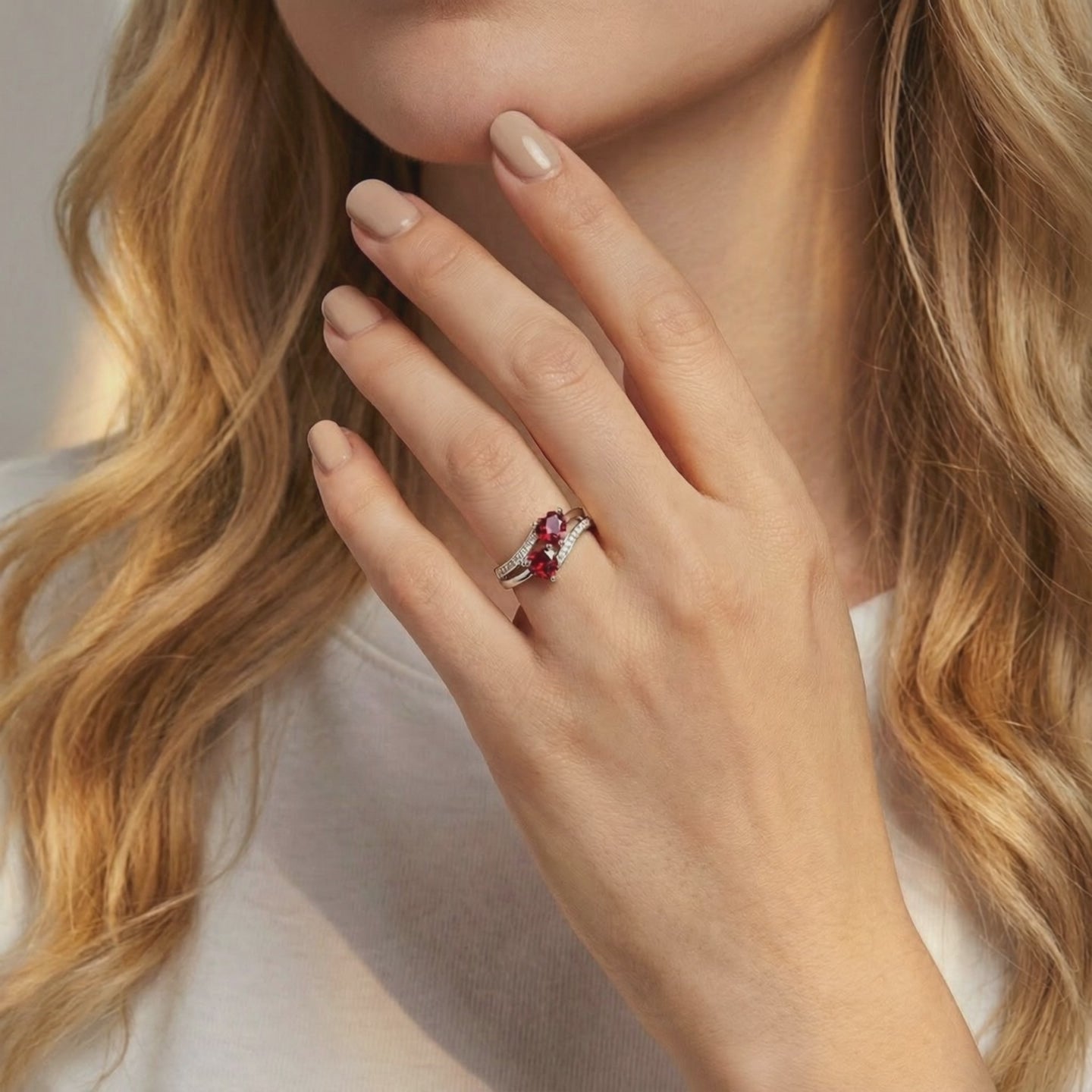 Elianara simulated ruby heart ring in solid gold.