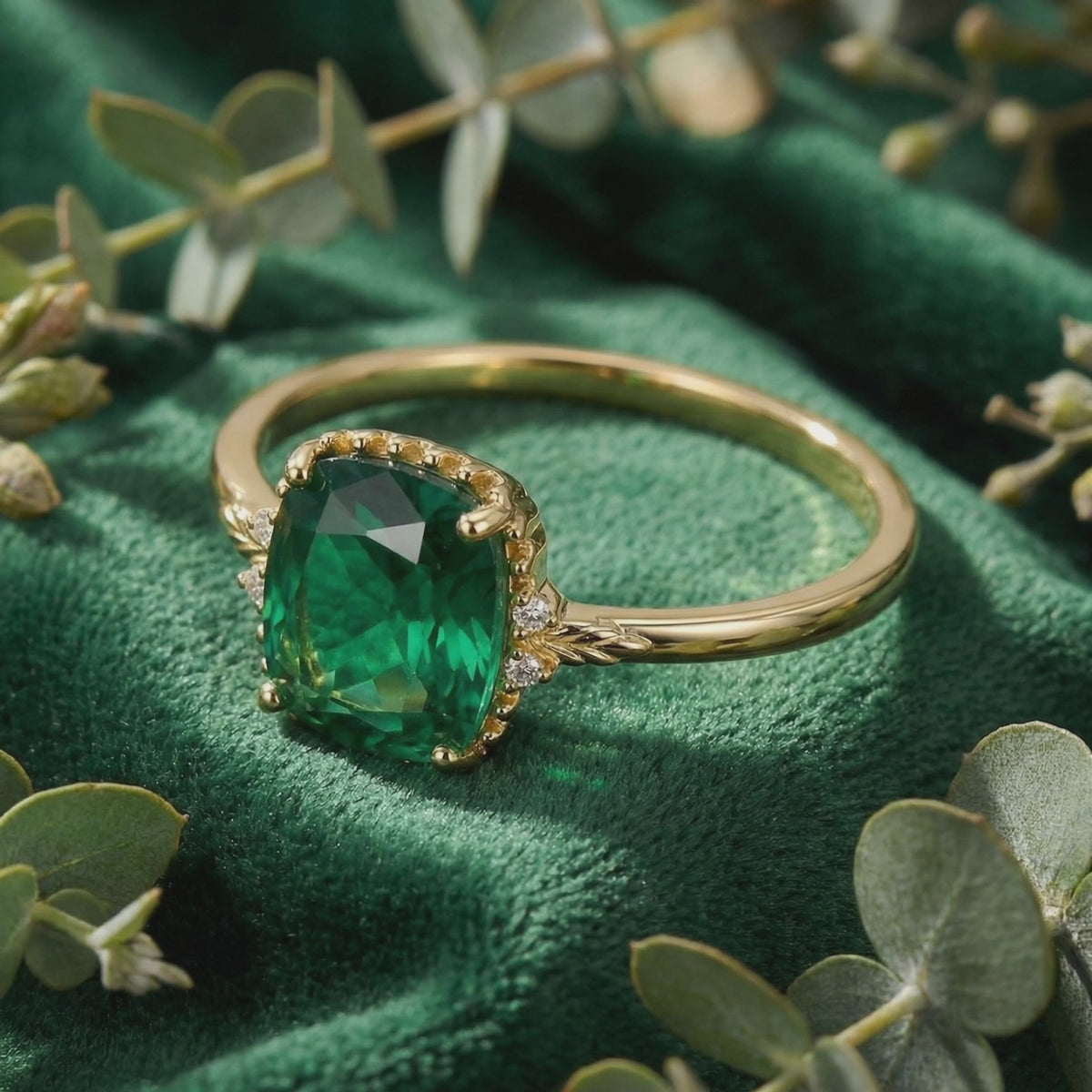 Simulated emerald solid gold ring.