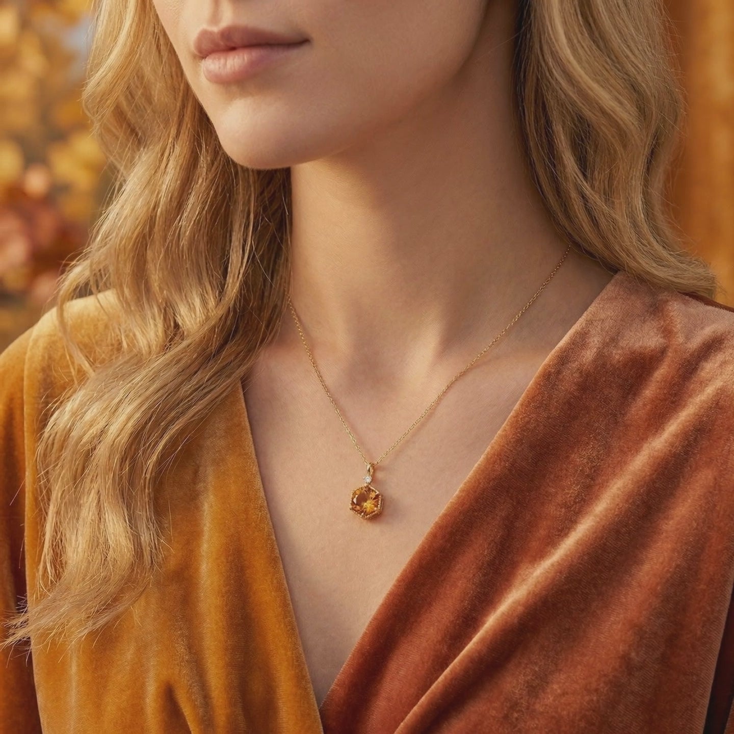 Hexagon simulated topaz pendant necklace in solid gold.