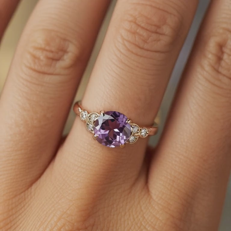 The Katalina 1.5CT Round Cut Purple Moissanite Ring in solid gold