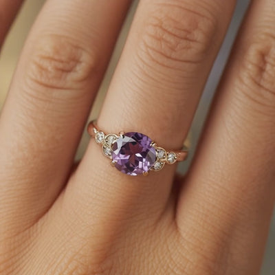 The Katalina 1.5CT Round Cut Purple Moissanite Ring in solid gold