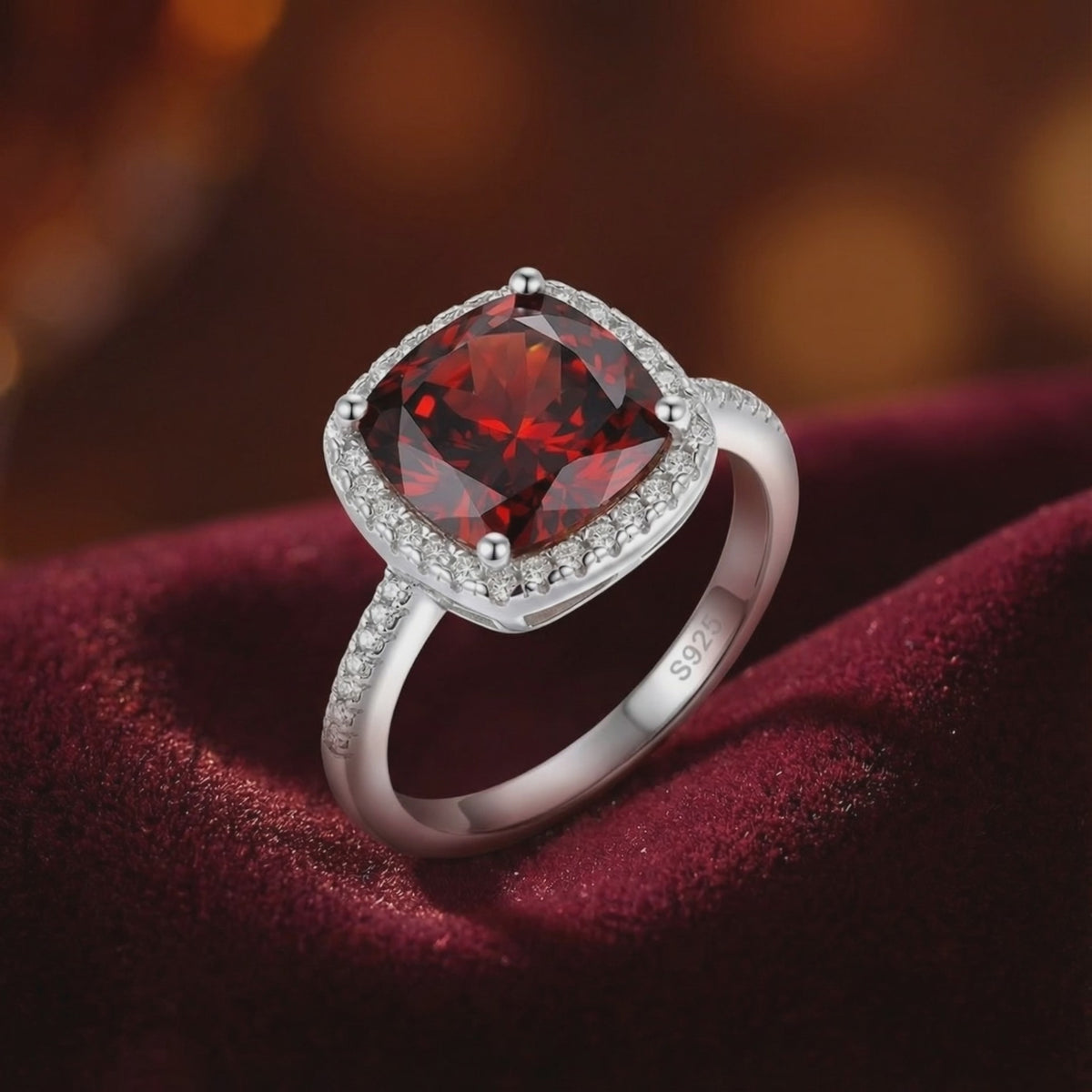 A solid gold ring with a simulated garnet stone.