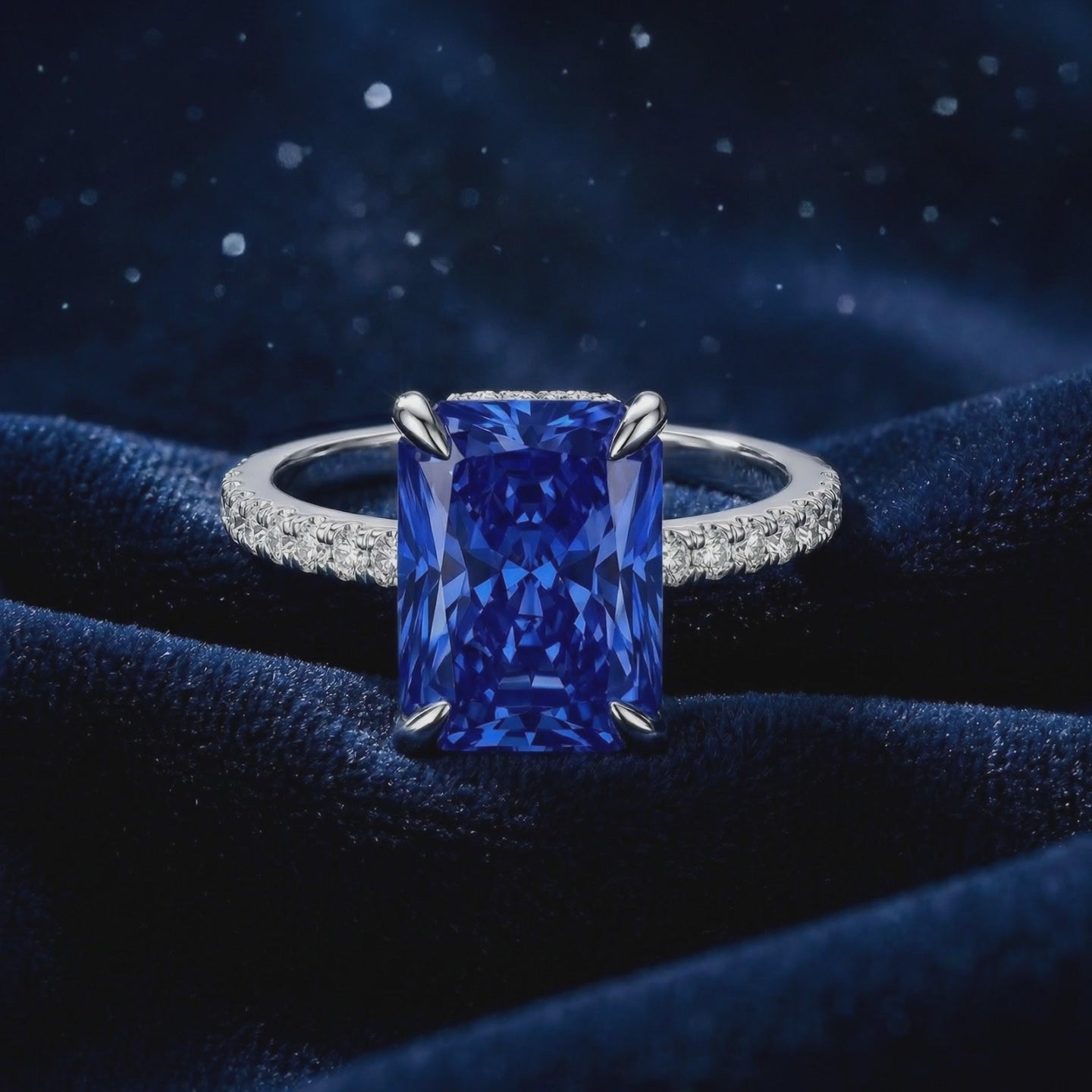 Radiant cut simulated sapphire ring in solid gold.