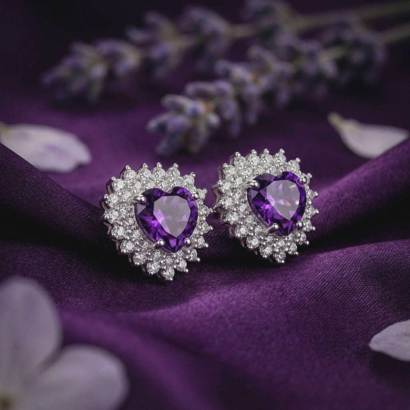 Amethyst heart drop earrings in solid gold.