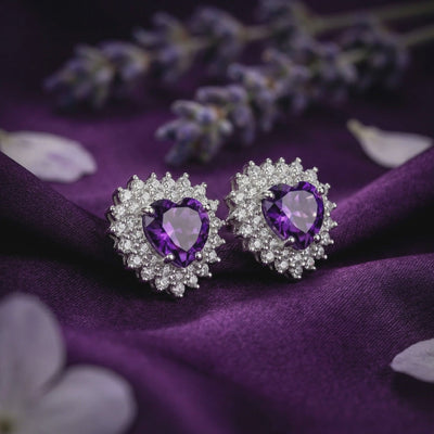 Amethyst heart drop earrings in solid gold.