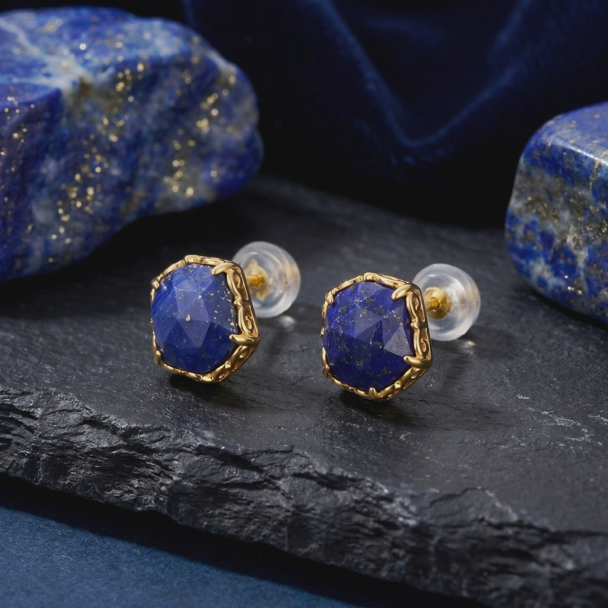 Hexagon Lapis Lazuli drop earrings in solid gold.