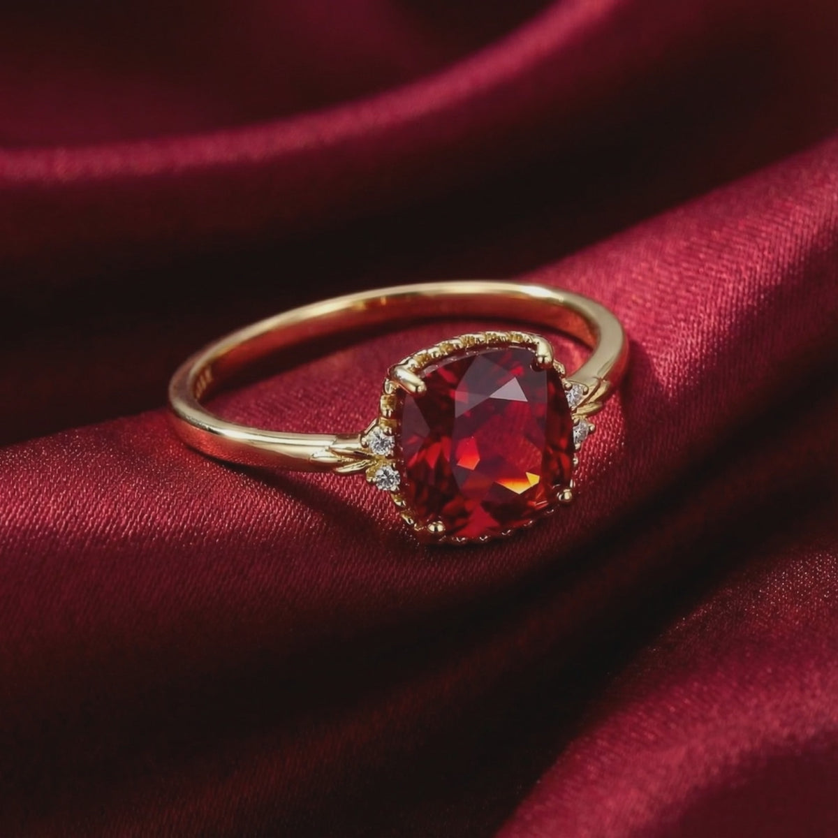 Simulated ruby cushion-cut ring crafted in solid gold.