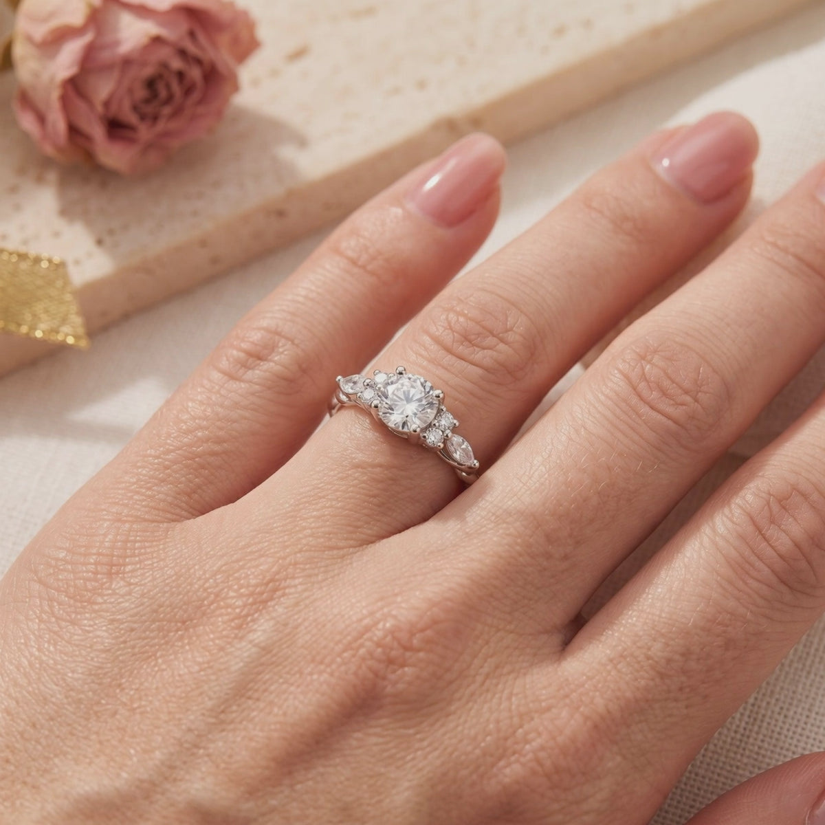 The Carlotta silver ring with a round center stone and marquise accents, shown worn on a finger beside a dried rose.