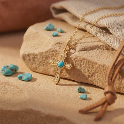 Gold cross pendant necklace displayed on a beige stone surface among loose turquoise pebbles.