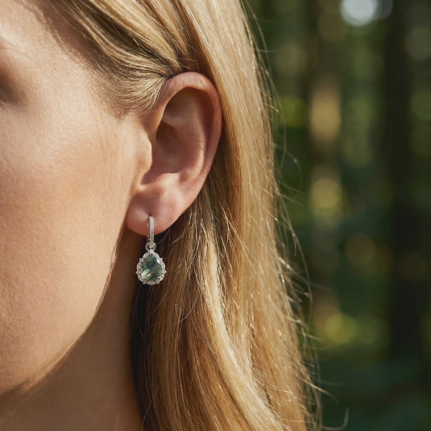 Teardrop Moss Agate leverback earrings in solid gold.