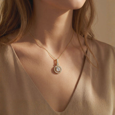 Antoinette moissanite halo pendant necklace in solid gold.