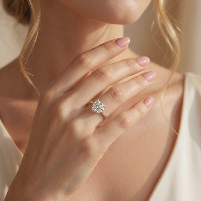 Round moissanite pavé solitaire ring in a yellow-gold tone, worn on a hand.