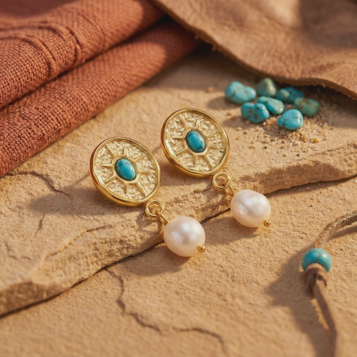 Pair of gold-tone sunburst earrings with turquoise-hued center stones and simulated pearl drops on a tan textured surface.