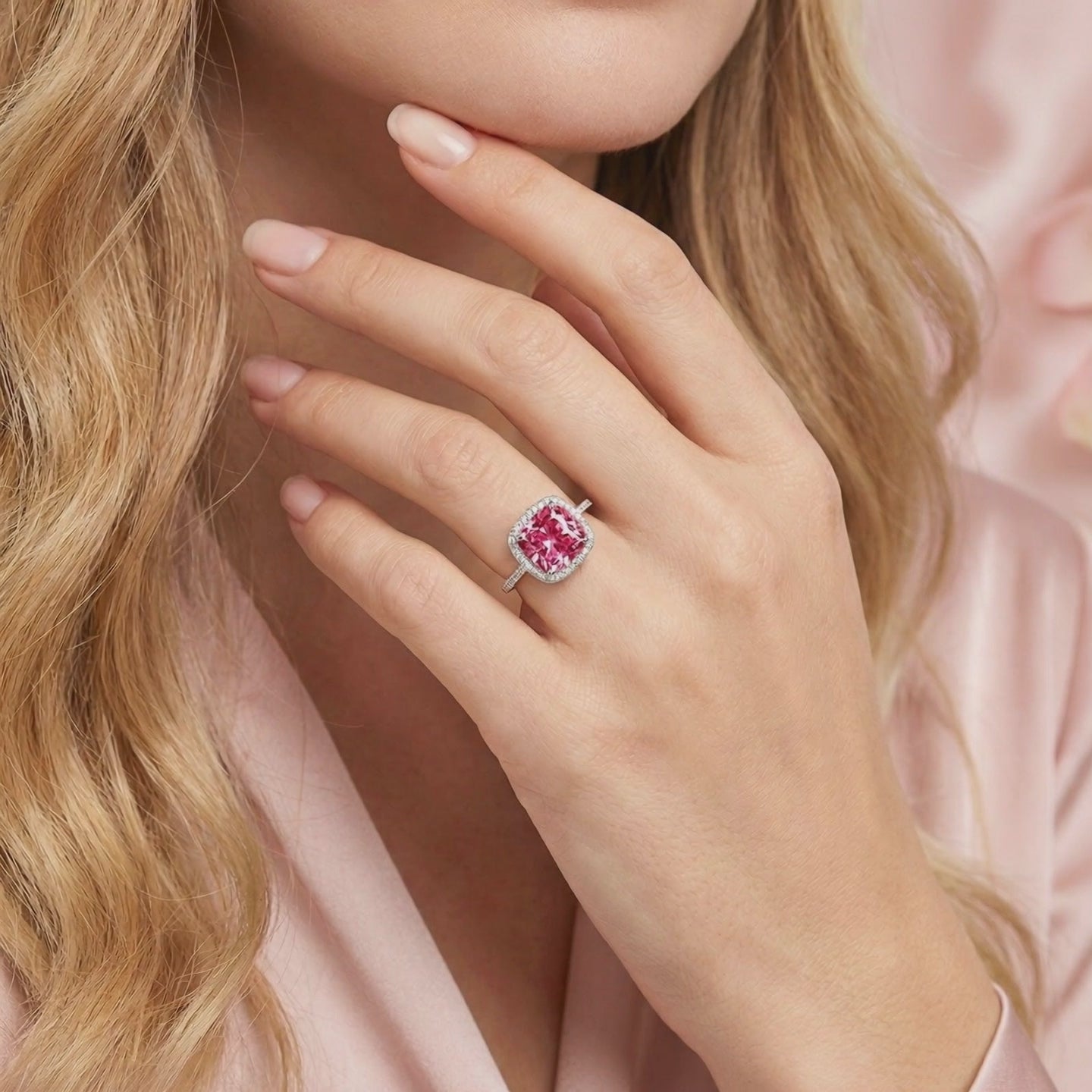 Simulated Pink Tourmaline halo ring in solid gold.