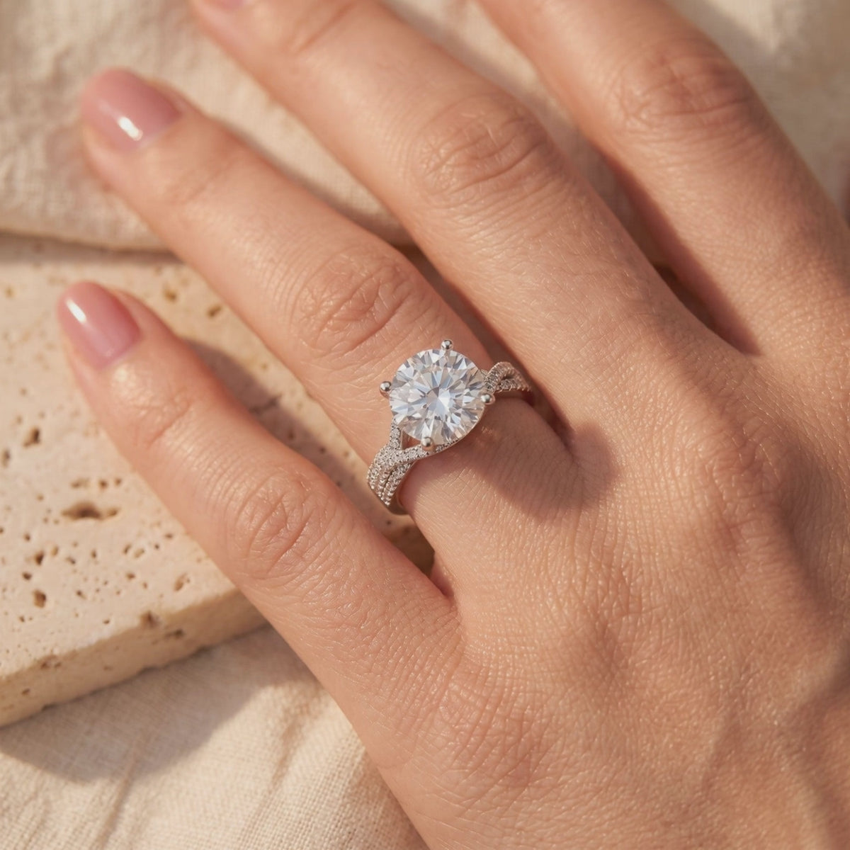 Video preview of the silver twisted solitaire ring with a large round center stone worn on a hand.
