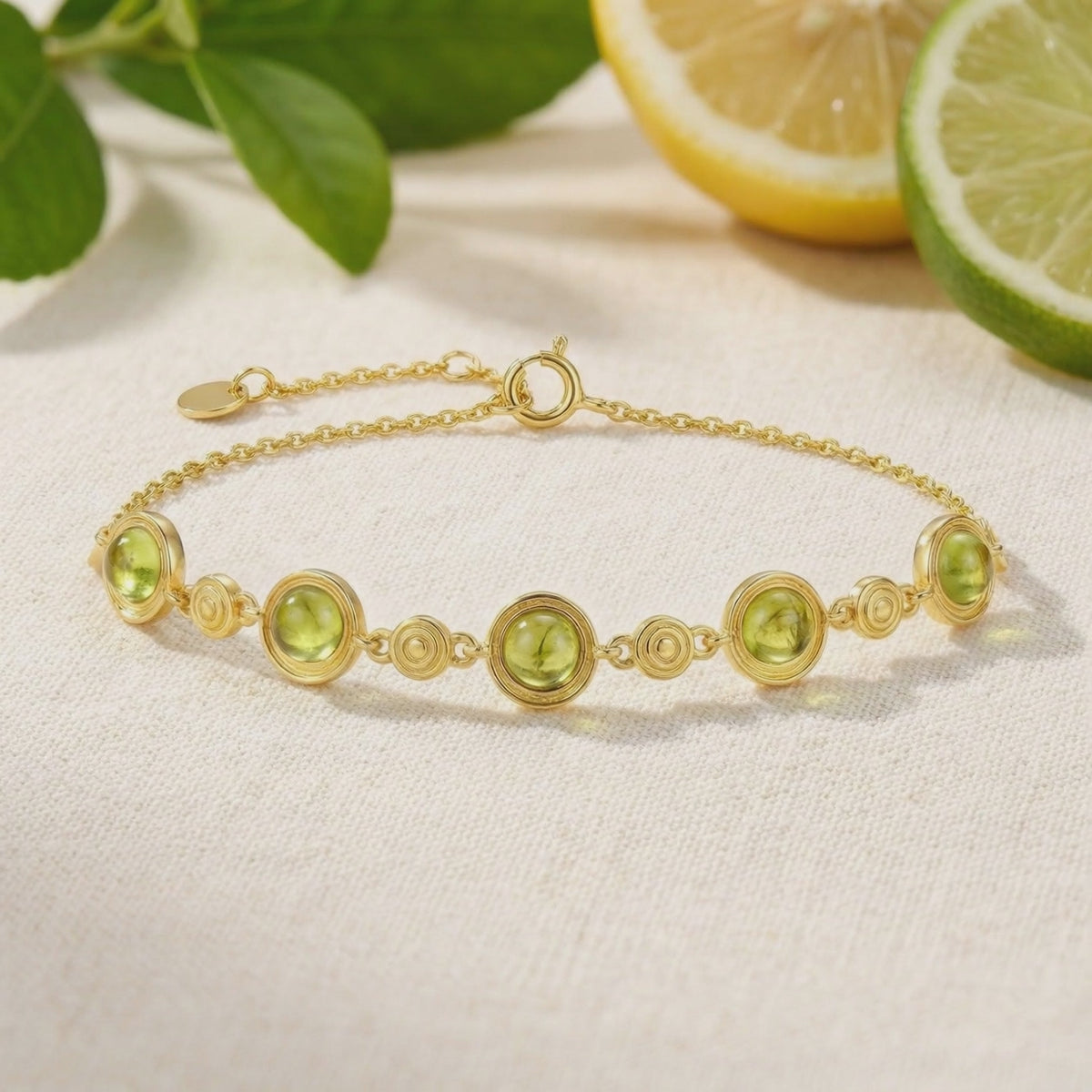 Solid gold simulated peridot station bracelet.