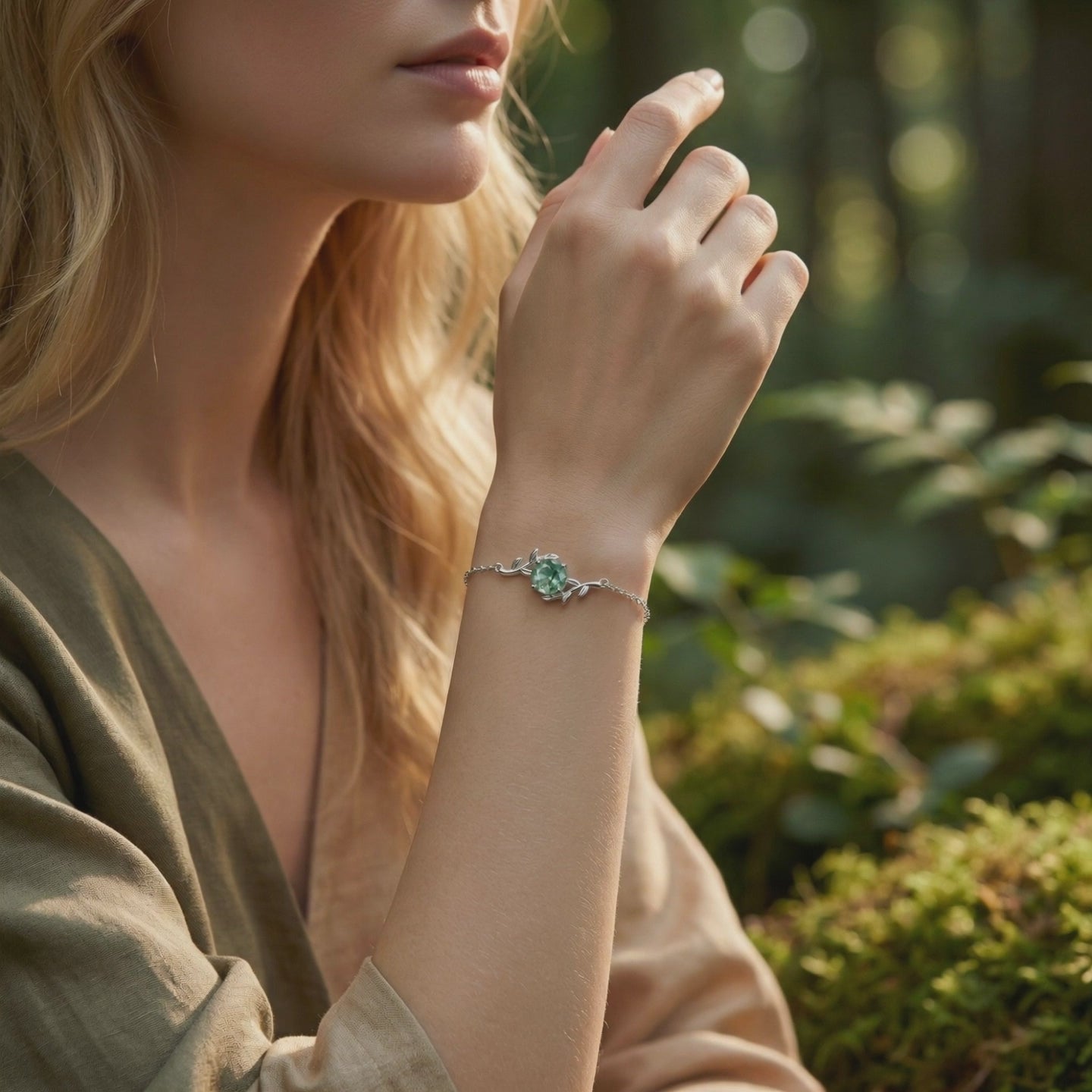 Solid white gold moss agate bracelet.