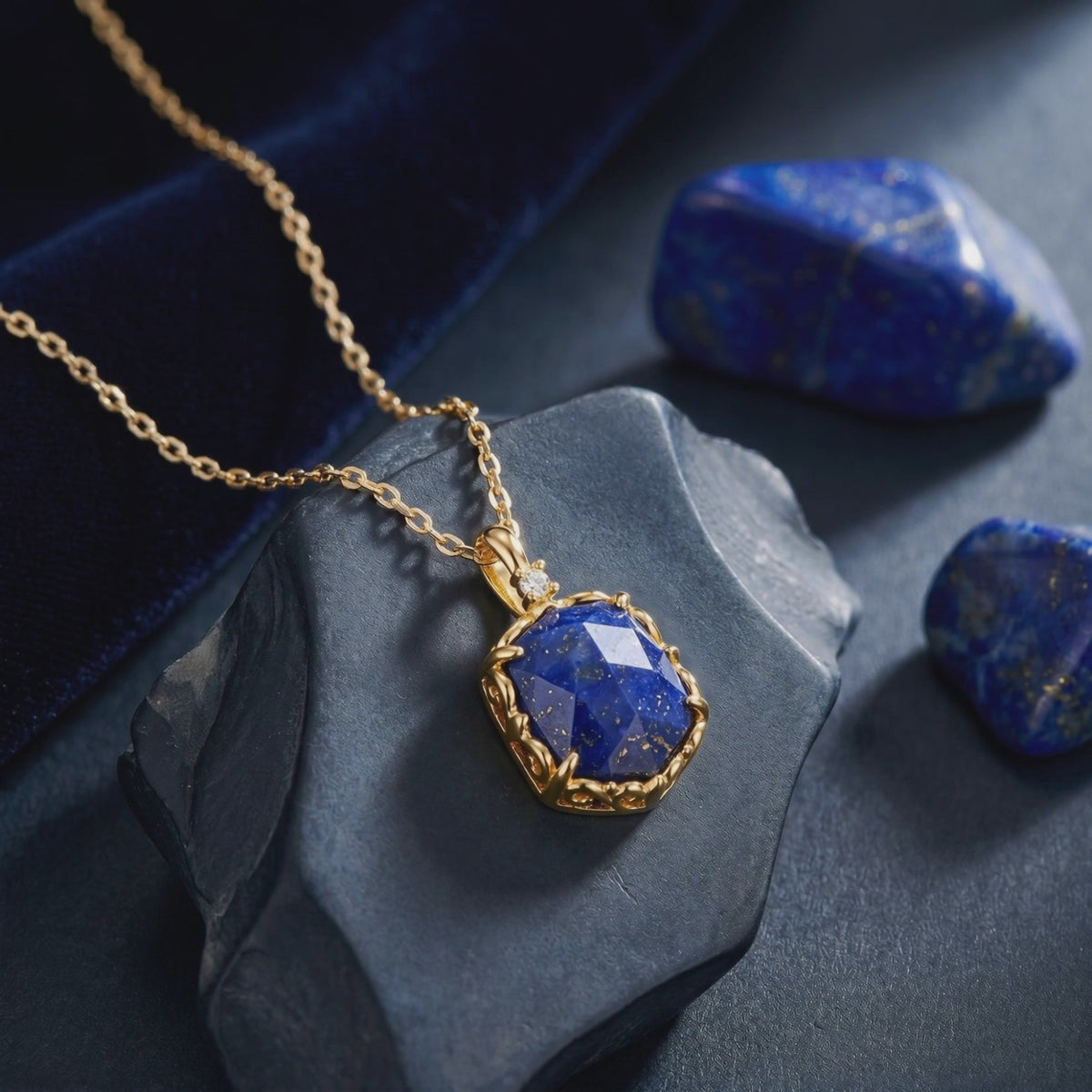 A solid gold necklace with a lapis lazuli pendant.
