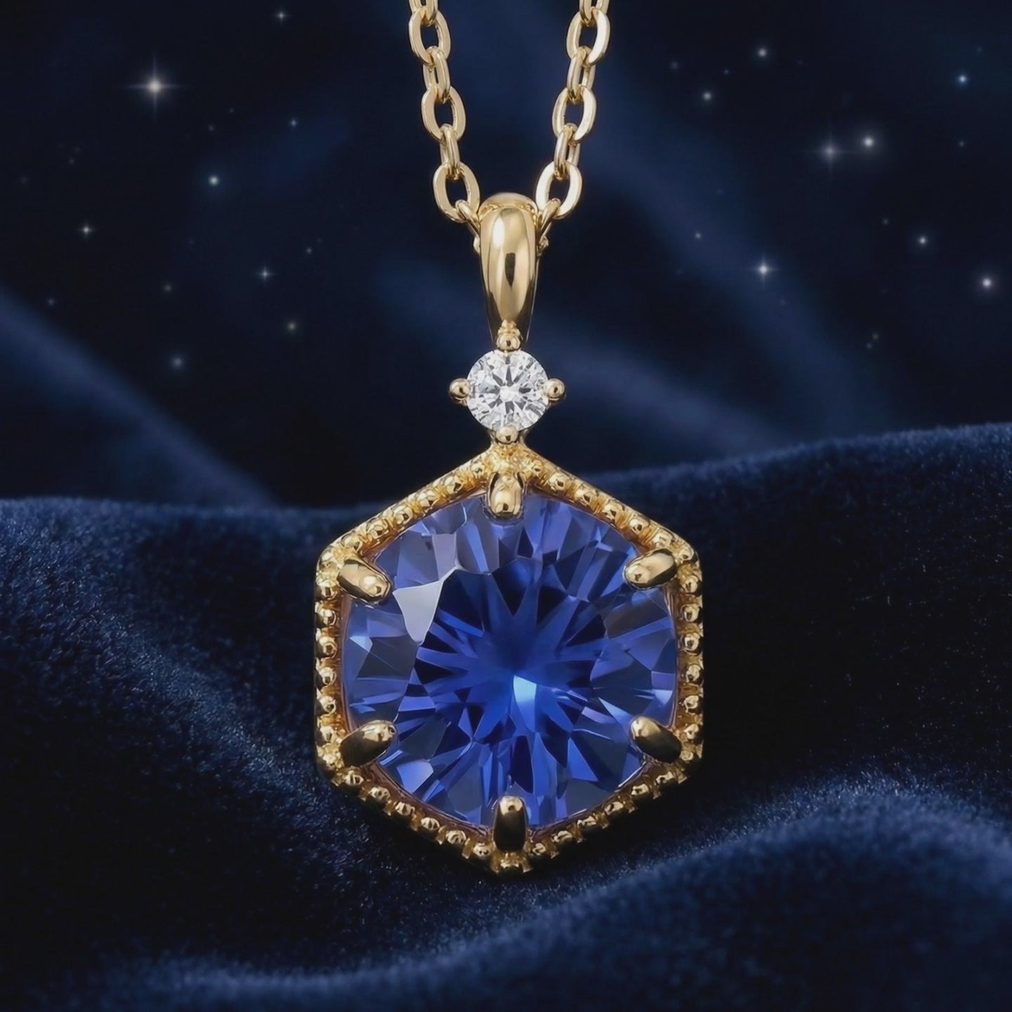 The Valerique Hex royal blue simulated sapphire necklace in solid gold.