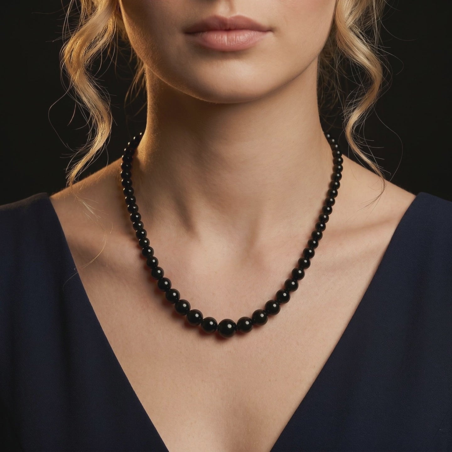 A necklace with natural black onyx beads in solid gold.