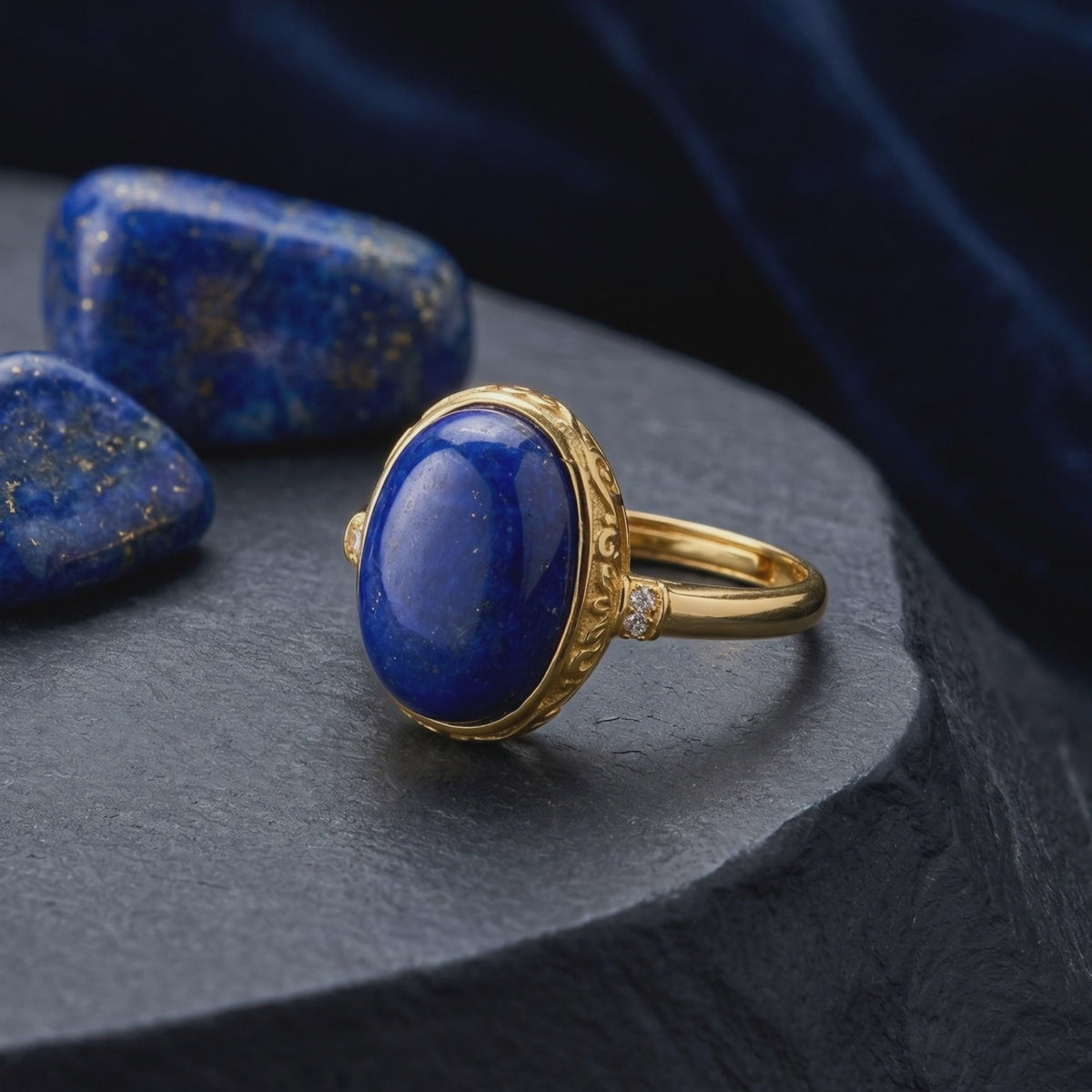 Solid gold lapis lazuli ring displaying the natural royal blue stone.