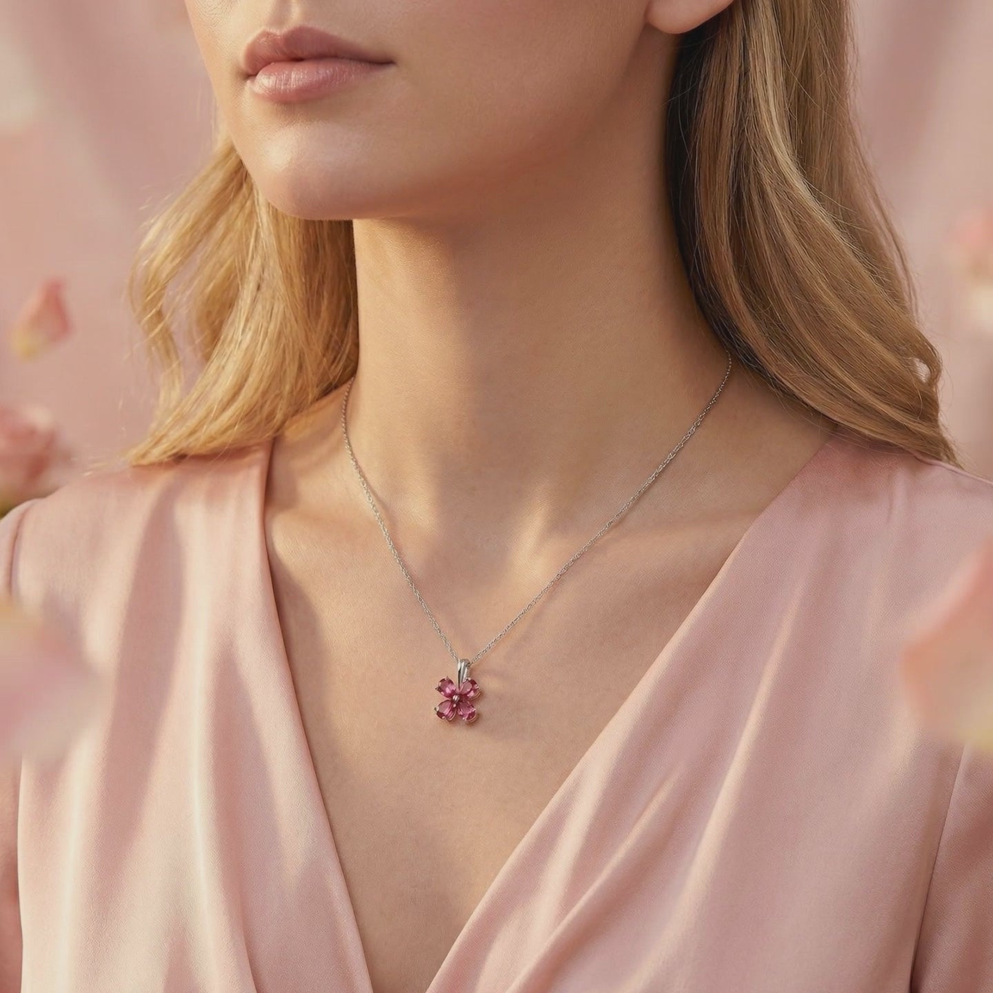 Solid gold necklace with simulated pink tourmaline flower pendant.
