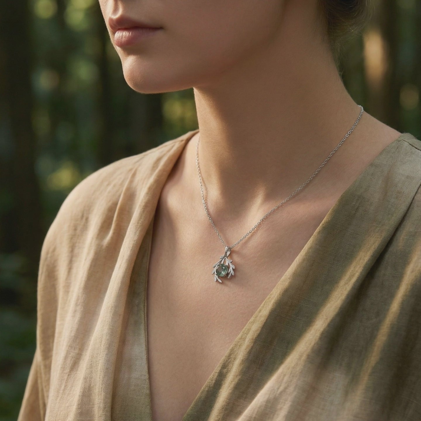 Botanical moss agate pendant necklace in solid gold.