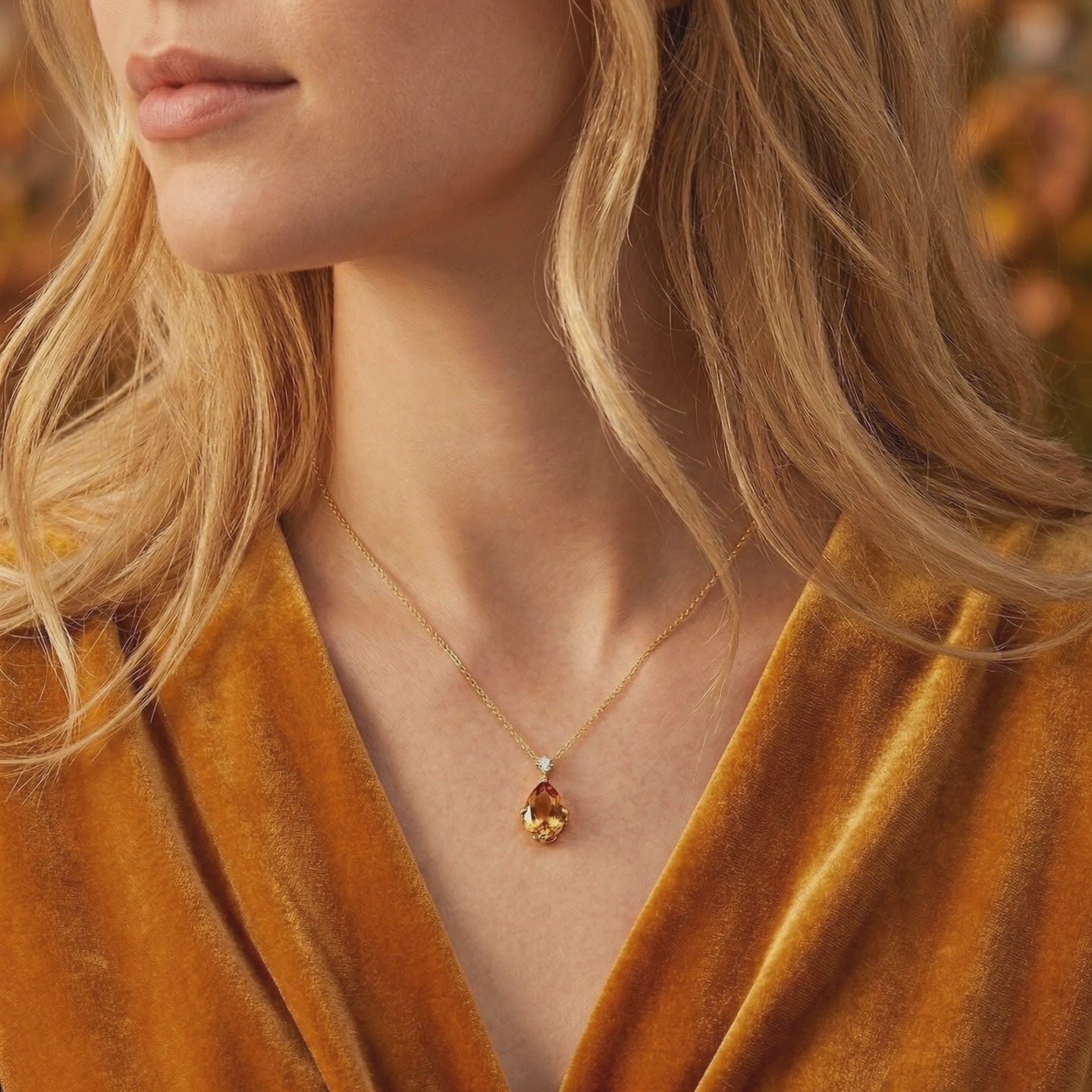 Video of The Aurelienne pear-cut simulated topaz solid gold necklace.