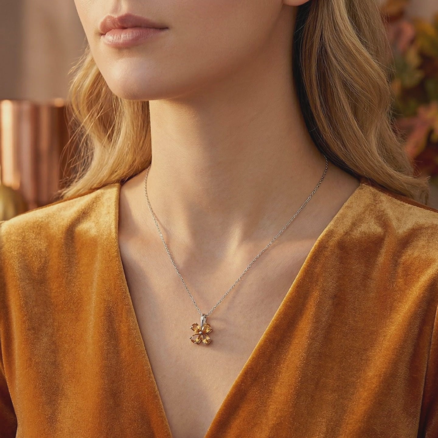 Floral simulated topaz necklace in solid white gold.