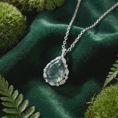 Natural Moss Agate Teardrop Necklace in solid white gold.