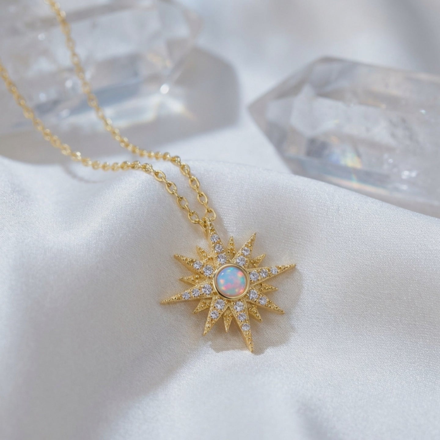 Solid gold Astralia necklace with natural white opal pendant.